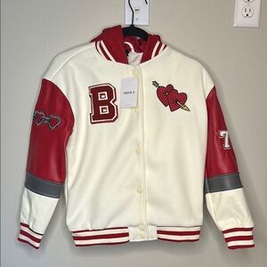 Heavy Red and White Varsity Jacket with Heart Patches